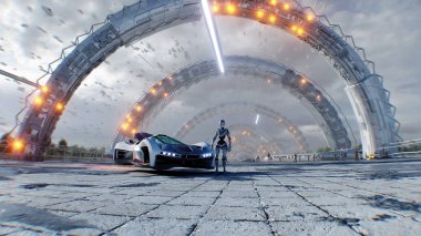 Robot ve gelecekçi bir şehir. Bilim kurgu mimarisi ve binalar. Gelecek konsepti. Havada uçan arabalar. 3d oluşturma