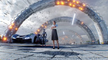 Bir kadın ve gelecekçi bir şehir. Bilim kurgu mimarisi ve binalar. Gelecek konsepti. Havada uçan arabalar. 3d oluşturma