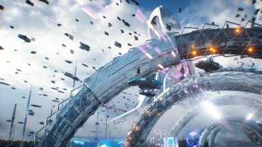 Uçan arabada bir kadın. Gelecekçi şehir. Bilim kurgu mimarisi ve binalar. Gelecek konsepti. Havada uçan arabalar. Bir sürü insan. 3d oluşturma