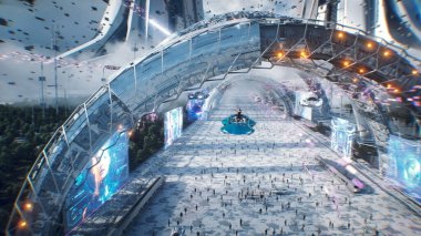 Uçan arabada bir kadın. Gelecekçi şehir. Bilim kurgu mimarisi ve binalar. Gelecek konsepti. Havada uçan arabalar. Bir sürü insan. 3d oluşturma