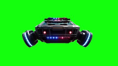 Gelecekçi siber polis uçan araba. Araba gövdesinde gerçekçi dinamik yansımalar. 4K yeşil ekran izole et