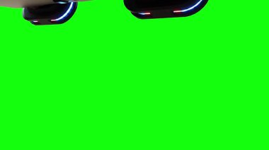 Gelecekçi siber polis uçan araba. Araba gövdesinde gerçekçi dinamik yansımalar. 4K yeşil ekran izole et