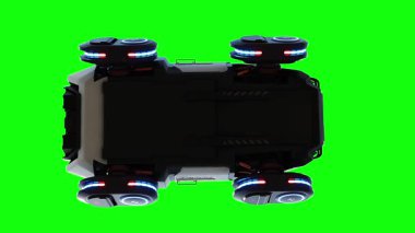 Gelecekçi siber polis uçan araba. Araba gövdesinde gerçekçi dinamik yansımalar. 4K yeşil ekran izole et