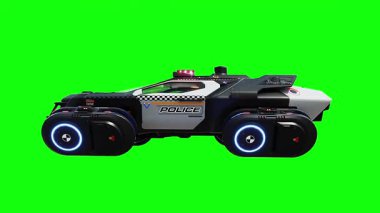 Gelecekçi siber polis uçan araba. Araba gövdesinde gerçekçi dinamik yansımalar. 4K yeşil ekran izole et