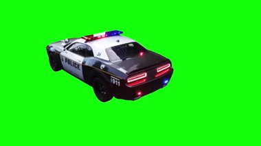 Hızlı giden bir polis. Araba gövdesinde gerçekçi dinamik yansımalar. Gerçekçi yanıp sönen ışıklar. 4K yeşil ekran izole et