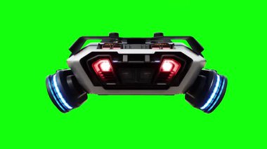 Gelecekçi siber polis uçan araba. Araba gövdesinde gerçekçi dinamik yansımalar. 4K yeşil ekran izole et