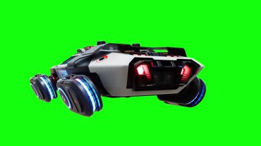 Gelecekçi siber polis uçan araba. Araba gövdesinde gerçekçi dinamik yansımalar. 4K yeşil ekran izole et