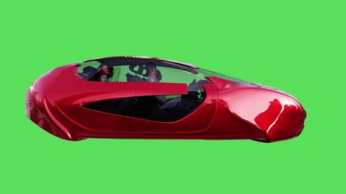 Geleceğin uçan kırmızı arabası. Araba gövdesinde gerçekçi dinamik yansımalar. 4K yeşil ekran izole et