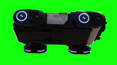 Gelecekçi siber polis uçan araba. Araba gövdesinde gerçekçi dinamik yansımalar. 4K yeşil ekran izole et