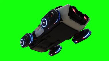 Gelecekçi siber polis uçan araba. Araba gövdesinde gerçekçi dinamik yansımalar. 4K yeşil ekran izole et