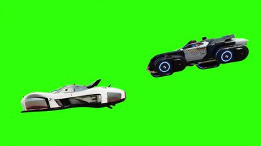 Gelecekçi siber polis uçan araba. Araba gövdesinde gerçekçi dinamik yansımalar. 4K yeşil ekran izole et