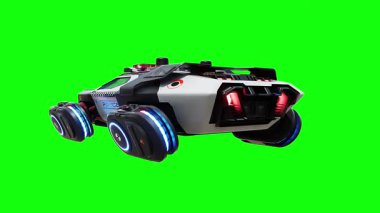 Gelecekçi siber polis uçan araba. Araba gövdesinde gerçekçi dinamik yansımalar. 4K yeşil ekran izole et
