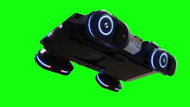 Gelecekçi siber polis uçan araba. Araba gövdesinde gerçekçi dinamik yansımalar. 4K yeşil ekran izole et
