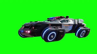 Gelecekçi siber polis uçan araba. Araba gövdesinde gerçekçi dinamik yansımalar. 4K yeşil ekran izole et
