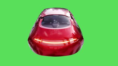 Geleceğin uçan kırmızı arabası. Araba gövdesinde gerçekçi dinamik yansımalar. 4K yeşil ekran izole et