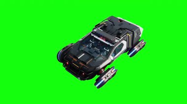 Gelecekçi siber polis uçan araba. Araba gövdesinde gerçekçi dinamik yansımalar. 4K yeşil ekran izole et