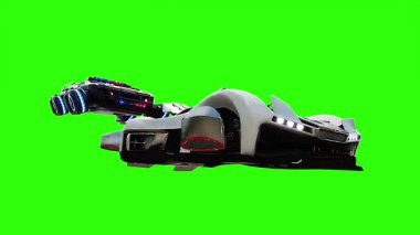 Gelecekçi siber polis uçan araba. Araba gövdesinde gerçekçi dinamik yansımalar. 4K yeşil ekran izole et