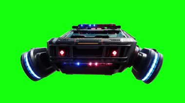 Gelecekçi siber polis uçan araba. Araba gövdesinde gerçekçi dinamik yansımalar. 4K yeşil ekran izole et