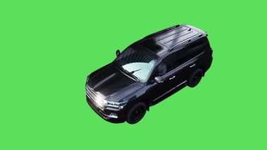 Lüks siyah SUV hızlı gidiyor. Araba gövdesinde gerçekçi dinamik yansımalar. 4K yeşil ekran izole et