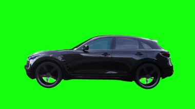 Lüks siyah spor jip, hızlı giden bir araba. Araba gövdesinde gerçekçi dinamik yansımalar. 4K yeşil ekran izole et