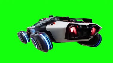 Gelecekçi siber polis uçan araba. Araba gövdesinde gerçekçi dinamik yansımalar. 4K yeşil ekran izole et