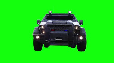 Statik zırh polis arabasını yeşil ekran izole etti. Gerçekçi yanıp sönen ışıklar