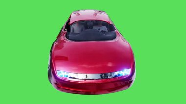 Geleceğin uçan kırmızı arabası. Araba gövdesinde gerçekçi dinamik yansımalar. 4K yeşil ekran izole et