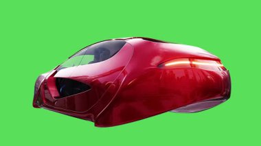 Geleceğin uçan kırmızı arabası. Araba gövdesinde gerçekçi dinamik yansımalar. 4K yeşil ekran izole et