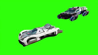 Gelecekçi siber polis uçan araba. Araba gövdesinde gerçekçi dinamik yansımalar. 4K yeşil ekran izole et