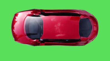 Geleceğin uçan kırmızı arabası. Araba gövdesinde gerçekçi dinamik yansımalar. 4K yeşil ekran izole et
