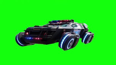 Gelecekçi siber polis uçan araba. Araba gövdesinde gerçekçi dinamik yansımalar. 4K yeşil ekran izole et