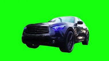 Lüks siyah spor jip, hızlı giden bir araba. Araba gövdesinde gerçekçi dinamik yansımalar. 4K yeşil ekran izole et