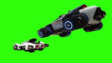 Gelecekçi siber polis uçan araba. Araba gövdesinde gerçekçi dinamik yansımalar. 4K yeşil ekran izole et