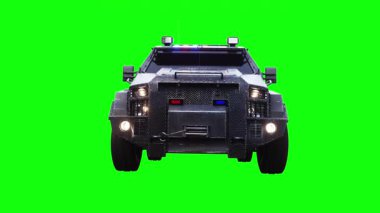 Zırhlı bir SWAT polisi hızlı sürüyor. Araba gövdesinde gerçekçi dinamik yansımalar. Gerçekçi yanıp sönen ışıklar. 4K yeşil ekran izole et