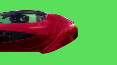 Geleceğin uçan kırmızı arabası. Araba gövdesinde gerçekçi dinamik yansımalar. 4K yeşil ekran izole et
