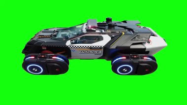 Gelecekçi siber polis uçan araba. Araba gövdesinde gerçekçi dinamik yansımalar. 4K yeşil ekran izole et