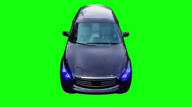 Lüks siyah spor jip, hızlı giden bir araba. Araba gövdesinde gerçekçi dinamik yansımalar. 4K yeşil ekran izole et