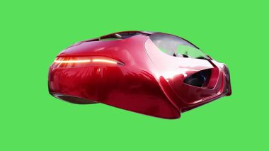 Geleceğin uçan kırmızı arabası. Araba gövdesinde gerçekçi dinamik yansımalar. 4K yeşil ekran izole et