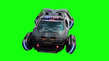 Gelecekçi siber polis uçan araba. Araba gövdesinde gerçekçi dinamik yansımalar. 4K yeşil ekran izole et