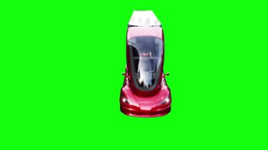 Elektrik fütüristik kırmızı kargo kamyonu hızlı gidiyor. Araba gövdesinde gerçekçi dinamik yansımalar. 4K yeşil ekran izole et