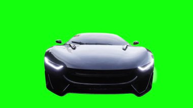 Fütürist elektrik, lüks, hızlı giden spor araba. Araba gövdesinde gerçekçi dinamik yansımalar. 4K yeşil ekran izole et
