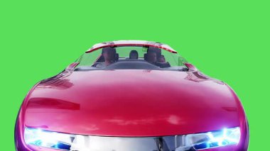 Geleceğin uçan kırmızı arabası. Araba gövdesinde gerçekçi dinamik yansımalar. 4K yeşil ekran izole et