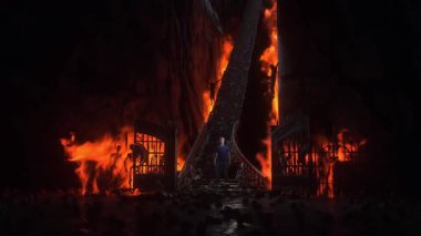 Cehennemdeki adam. Günahkar. Cehennem kapılarının önünde yalnız ve günahkar bir adam duruyor. Cehennem ateşi. Dini bir kavram. Gerçekçi 4k animasyonu