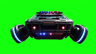 Gelecekçi siber polis uçan araba. Araba gövdesinde gerçekçi dinamik yansımalar. 4K yeşil ekran izole et