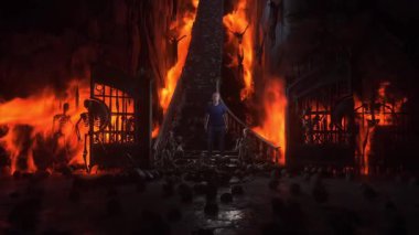 Cehennemdeki adam. Günahkar. Cehennem kapılarının önünde yalnız ve günahkar bir adam duruyor. Cehennem ateşi. Dini bir kavram. Gerçekçi 4k animasyonu