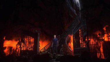 Cehennemdeki adam. Günahkar. Cehennem kapılarının önünde yalnız ve günahkar bir adam duruyor. Cehennem ateşi. Dini bir kavram. Gerçekçi 4k animasyonu