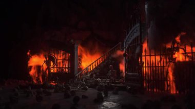 Cehennem kapıları. Cehenneme giden yol. Şeytan portalı. Günahkar. Dini bir kavram. Gerçekçi 4k animasyonu