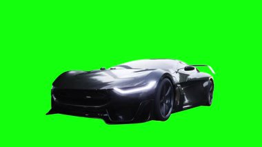 Fütürist elektrik, lüks, hızlı giden spor araba. Araba gövdesinde gerçekçi dinamik yansımalar. 4K yeşil ekran izole et