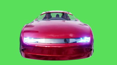 Geleceğin uçan kırmızı arabası. Araba gövdesinde gerçekçi dinamik yansımalar. 4K yeşil ekran izole et