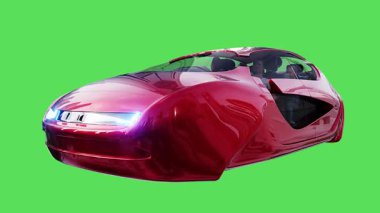 Geleceğin uçan kırmızı arabası. Araba gövdesinde gerçekçi dinamik yansımalar. 4K yeşil ekran izole et
